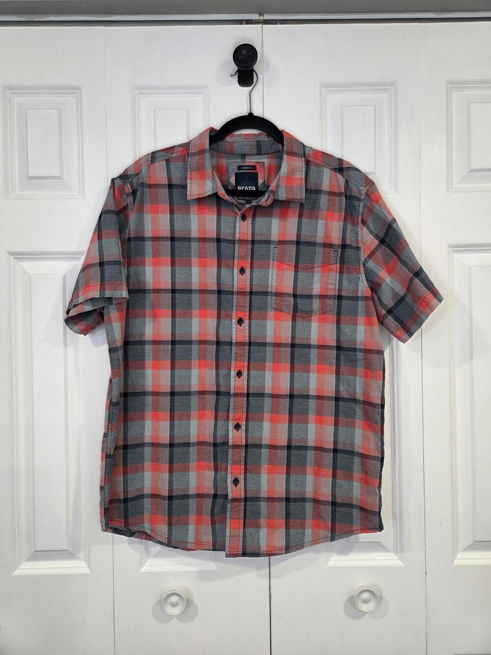 Prana Bryner Sport Shirt Gray/Orange Plaid Men's Size XL Short-Sleeve Button-Up
